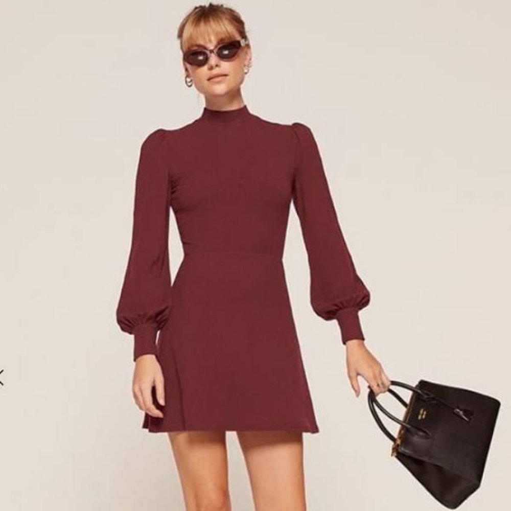 Reformation Eliza Mini Dress in Garnet, Small